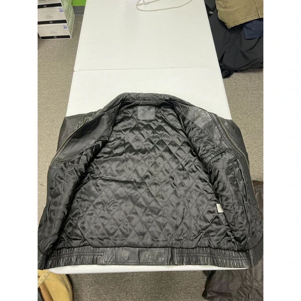 Adventure Bound Leather Jacket Mens L Black Bomber Quilted Lined Full Zip Vtg
